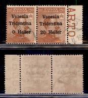 OCCUPAZIONI - TRENTINO - 1918 - 20 Heller Su 20 Cent (30c + 30) - Coppia Usata Bordo Foglio Senza 2 A Sinistra (157+) - Other & Unclassified