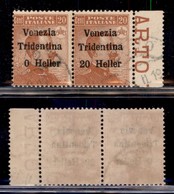 OCCUPAZIONI - TRENTINO - 1918 - 20 Heller Su 20 Cent (30c + 30) - Coppia Usata Bordo Foglio Senza 2 A Sinistra (157+) - Altri & Non Classificati