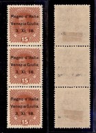 OCCUPAZIONI - VENEZIA GIULIA - 1918 - 15 Heller (6 Varietà + 6l + 6m) - Striscia Verticale Di 3 Con Errori (virgola Dopo - Autres & Non Classés