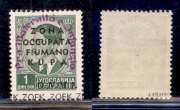 OCCUPAZIONI - ZONA FIUMANO KUPA - 1942 - 1 Din (37da) Con Diciture Marginali Solo In Basso - Gomma Integra (225) - Sonstige & Ohne Zuordnung