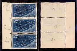 OCCUPAZIONI - ZARA - 1943 - Posta Aerea - 2 Lire (6) - Striscia Bordo Foglio Di 3 - Posizioni 11/c Stretto + 16/z Con Ri - Other & Unclassified