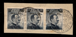 COLONIE - COS - 1916 - 20 Cent Su 15 (8) - Striscia Di 3 Usata Su Frammento (150+) - Sonstige & Ohne Zuordnung