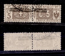 COLONIE - SOMALIA - 1917 - Pacchi Postali - 5 Cent (1ea - Varietà) Usato - Soprastampa Obliqua Dall’alto In Basso A Sini - Autres & Non Classés