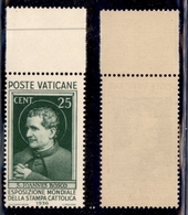 VATICANO - 1936 - 25 Cent Stampa Cattolica (49) Bordo Foglio - Gomma Integra (195) - Other & Unclassified