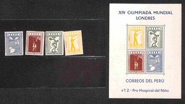 OLTREMARE - PERÙ - 1948 - Olimpiadi Londra (458A/461A + Block 1) - Serie Completa + Foglietto - Gomma Integra (76) - Andere & Zonder Classificatie