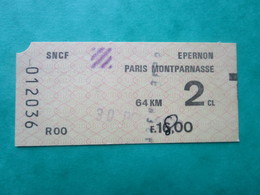 TICKET  SNCF RATP RER Métro -  PARIS Montparmasse - EPERNON - 2 Classe TBE - Mundo