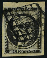 Oblitéré N° 3c, 20c Gris-noir, 4 Marges Maxi Dont 1 Voisin Et Petit Bdf Haut De Feuille, Superbe, Signé + Certificat Sol - Autres & Non Classés