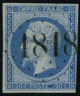 Oblitéré N° 14, 20c Bleu Obl D'essai 1818 Délié Très Belle Frappe Pothion Ind. 30 2300€ Sur Lettre - Andere & Zonder Classificatie