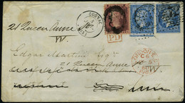 Lettre N° 14, 20c Bleu X 2 Sur L De Cognac 4 Jul 60 Pour La France, Réexpédiée à Londres, Aff à 1P Brun Rouge Obl Anglai - Otros & Sin Clasificación