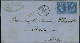 Lettre N° 22b, 20c + 20c, Paire Tête Bêche Sur L Obl Annecy 26 Juin 1865 Pour Ivrea Italie Arrivée Au Verso, Qq Dents Ma - Other & Unclassified