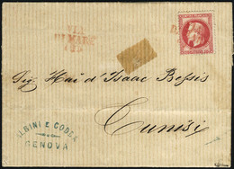 Lettre N° 32, 80c Rose Empire Lauré Seul Sur L. Oblitéré Via Di Mare En Rouge, L. Datée De Gênes Du 2 Janvier 1869 Pour  - Altri & Non Classificati