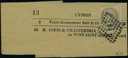 Lettre N° 41A, 4c Gris, Report 1, Obl BC, Seul Sur Bande De Journal Complète, Filet Touché à Gauche, Pièce Rarissime, Si - Autres & Non Classés