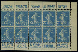 Neuf Sans Charnière N° 140, 25c Bleu, Bloc De 10 De Carnet Avec Pub Louvre, 2 Ou 3 Ex Lég Jaunis Sinon T.B. Rare, Maury - Sonstige & Ohne Zuordnung