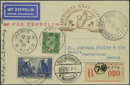 Lettre Zeppelin 3è SAF 1932, CP Illustrée Recommandée Càd Paris 16.4.32 Càd De  Transit Friedrichshafen 18.4.32 Pour Réc - Altri & Non Classificati