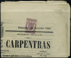 Lettre N° 1, 2c Lilas Obl Sur Journal Entier, L'indicateur De Carpentras 28.11.1869, T.B. Maury - Sonstige & Ohne Zuordnung