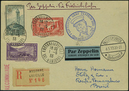 Lettre Zeppelin 1 SAF 1933 CP Recommandée Cd Andorre La Vieille 1.5.33, Cachet Bleu, Càd De Transit Friedrichshafen 6.5. - Autres & Non Classés