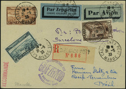 Lettre Zeppelin CP Recommandée Cachet A Sudamerica Barcelona 1933 Càd Casablanca 31.5.33 Càd De Transit Barcelona 2 Juin - Autres & Non Classés