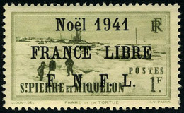 Neuf Sans Charnière N° 221B, 1f Olive, Noël 1941 France Libre, Surcharge Noire, T.B. - Autres & Non Classés