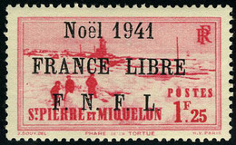 Neuf Sans Charnière N° 222B, 1f25 Rose-rouge, Noël 1941 France Libre, Surcharge Noire, T.B. Signé Calves - Autres & Non Classés