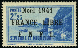 Neuf Sans Charnière N° 227B, 2f25 Bleu, Noël 1941 France Libre, Surcharge Noire, T.B. Signé Calves - Autres & Non Classés