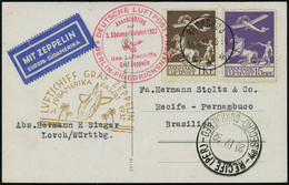 Lettre N° 2 + 5, Sur CP Illustrée Càd Bronshoj 14.4.32 Zeppelin 3 ZAF 1932 Pour Récife Pernambuco, Arrivée 20.VI.32 T.B. - Otros & Sin Clasificación