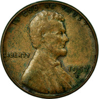 Monnaie, États-Unis, Lincoln Cent, Cent, 1957, U.S. Mint, Denver, TB+, Laiton - 1909-1958: Lincoln, Wheat Ears Reverse