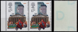 GREAT BRITAIN 1985 Post Office Royal Mail Motorbike Skyscraper 17p MARG.PAIR ERROR:print On Reverse Gum Letter - Errors, Freaks & Oddities (EFOs