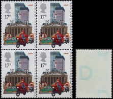 GREAT BRITAIN 1985 Post Office Royal Mail Motorbike Skyscraper 17p 4-BLOCK ERROR:print On Reverse Gum Letter - Variétés, Erreurs & Curiosités