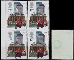 GREAT BRITAIN 1985 Post Office Royal Mail Motorbike Skyscraper 17p MARG.4-BLOCK ERROR:print On Reverse Gum Letter - Variétés, Erreurs & Curiosités