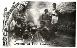 New Guinea, Native Papua Men Around The Cooking Pot (1950s) RPPC - Oceania