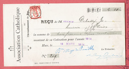 M - Reçu De Héron - Obl Burdinne Le 17-III-1914 Sur 123 Pour Association Catholique A Huy - 1900 – 1949