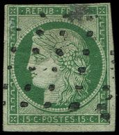 EMISSION DE 1849 - 2b   15c. Vert FONCE, Obl. GROS POINTS, Au Filet En Haut, B/TB - 1849-1850 Cérès