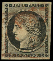 EMISSION DE 1849 - 3    20c. Noir Sur Jaune, Obl. GRILLE ROUGE (2 Frappes), TB - 1849-1850 Cérès