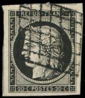 EMISSION DE 1849 - 3a   20c. Noir Sur Blanc, Oblitéré GRILLE, Grandes Marges, TTB/Superbe - 1849-1850 Cérès