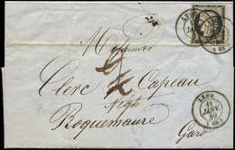 Let EMISSION DE 1849 - 3    20c. Noir Sur Jaune, Touché, Obl. Càd T15 LYON 11 JANV 49 (2 Frappes) S. LAC, Taxe 2 Annulée - 1849-1850 Ceres