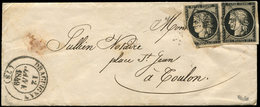 Let EMISSION DE 1849 - 3    20c. Noir Sur Jaune, 2 Ex. (dont Un Très Entamé), Obl. Càd T14 DRAGUIGNAN 12 JANV 49 S. LAC, - 1849-1850 Ceres