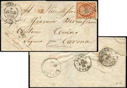 Let EMISSION DE 1849 - 5    40c. Orange, Au Filet Dans Un Angle, Obl. PC 1052 S. LSC, Càd T14 CUERS 9/4/54, Arr. LUGANO, - 1849-1850 Ceres