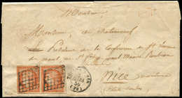 Let EMISSION DE 1849 - 5    40c. Orange, PAIRE Obl. GRILLE S. LAC, Càd TOULON-S-MER 2/3/50, Arr. NIZZA MARITa, TTB - 1849-1850 Ceres