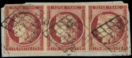 EMISSION DE 1849 - 6     1f. Carmin, BANDE De 3 Filet Intact Tout Autour, Obl. GRILLE Sur Fragment, TB. C - 1849-1850 Ceres