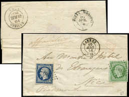 Let EMPIRE NON DENTELE - 12 Et 14A, 5c. Vert Et 20c. Bleu T I, Obl. PC 601 S. LAC, Càd T15 CANNES 10/4/56, Arr. NICE Le  - 1853-1860 Napoléon III