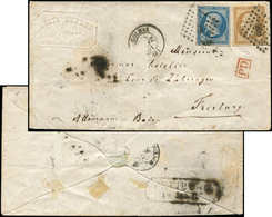 Let EMPIRE NON DENTELE - 13A Et 14A, 10c. Bistre, T I Et 20c. Bleu T I, Obl. PC 908 S. Env., Càd T15 COLMAR 28/1/61, Arr - 1853-1860 Napoleon III