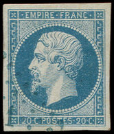 EMPIRE NON DENTELE - 14A  20c. Bleu, T I, Obl. PC Bleu, Effigie Dégagée, TTB - 1853-1860 Napoléon III