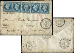 Let EMPIRE NON DENTELE - 14A  20c. Bleu, T I, BANDE De 5 Obl. PC 3820 S. Env., Càd T22 PRECIGNE 14/3/59, Arr. Càd CORPS  - 1853-1860 Napoleon III