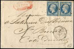 Let EMPIRE NON DENTELE - 15   25c. Bleu, PAIRE Obl. ETOILE Muette S. LAC, Càd PARIS 24/5/54, TB, Cote Maury - 1853-1860 Napoleone III
