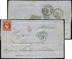 Let EMPIRE NON DENTELE - 18    1f. Carmin, Obl. PC 1896 S. LAC, Càd T15 MARSEILLE 22/6/54, Arr. BERGAME Le 25/6, TB. D - 1853-1860 Napoleon III