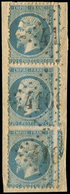 EMPIRE DENTELE - 22   20c. Bleu, BANDE Verticale De 3, PIQUAGE Décalé, 2 Ex. Dentelé 3 Côtés, Obl. GC 4169 Sur Fragt, R - 1862 Napoléon III