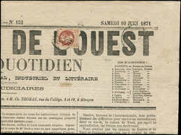 Let EMPIRE LAURE - 26B   2c. Rouge-brun Clair, T II, Obl. Càd T17 ALENCON 9/6/71 Sur LE COURRIER DE L'OUEST Du 10/6, Tim - 1863-1870 Napoleone III Con Gli Allori