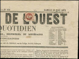Let EMPIRE LAURE - 26B   2c. Rouge-brun Clair, T II, Obl. Càd T17 ALENCON 9/6/71 Sur LE COURRIER DE L'OUEST Du 10/6, Tim - 1863-1870 Napoleon III Gelauwerd