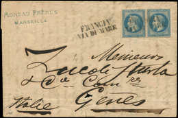 Let EMPIRE LAURE - 29A  20c. Bleu, T I, PAIRE Obl. FRANCIA/VIA DI MARE S. LAC De MARSEILLE Du 29/2/68, Arr. GENES Le 2/3 - 1863-1870 Napoleon III With Laurels