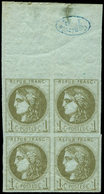 ** EMISSION DE BORDEAUX - 39C   1c. Olive, R III, BLOC De 4 Bdf Avec Contrôle TP, 2 Ex. Pli De Gomme, Sinon TB - 1870 Bordeaux Printing